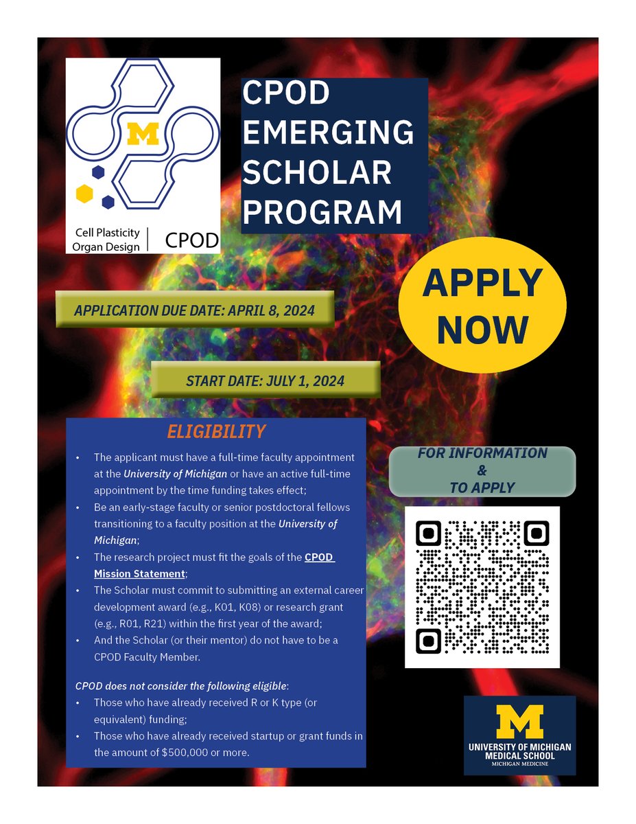 ONLY 5 DAYS LEFT to apply to @UM_CPOD Emerging Scholar Program, application deadline is Monday, April 8th!

APPLY NOW!: medicine.umich.edu/dept/cpod/emer…

#research #GoBlueMed #UmichMedScience