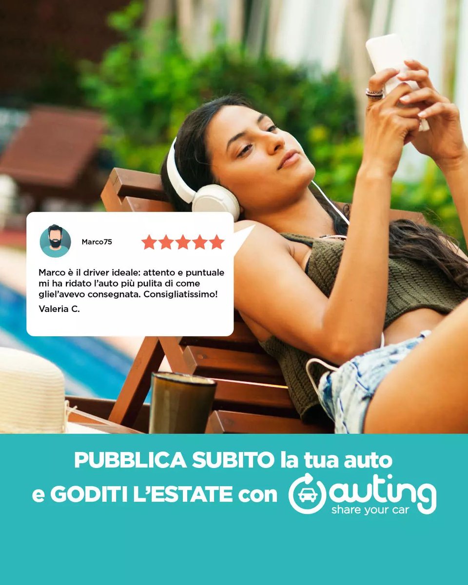 5 stelle. È questa la valutazione media che gli Owner hanno dato ai Driver in viaggio con le loro auto.
Vai sul sito auting.it, leggi le recensioni e pubblica anche tu il tuo veicolo.
Di Auting ti puoi fidare. Parola di chi l’ha già fatto.

#auting