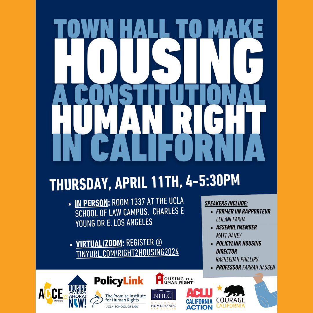 Save the date for an upcoming town hall to discuss efforts to recognize the #HumanRightToHousing in California. Learn more about what a right to housing is, why it matters & how international human rights principles apply to our work! #ACA10 Register Now! tinyurl.com/right2housing2…