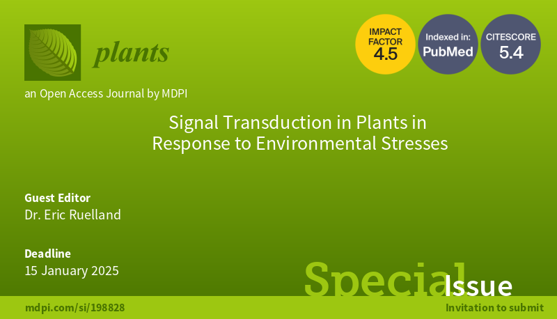 📢 #plants_mdpi Special Issue 'Signal Transduction in Plants in Response to Environmental Stresses' is now open for submissions! ⏰ Deadline: 15 January 2025 👉 You can find more information at: mdpi.com/journal/plants… #callforpapers #callforsubmissions #openaccess
