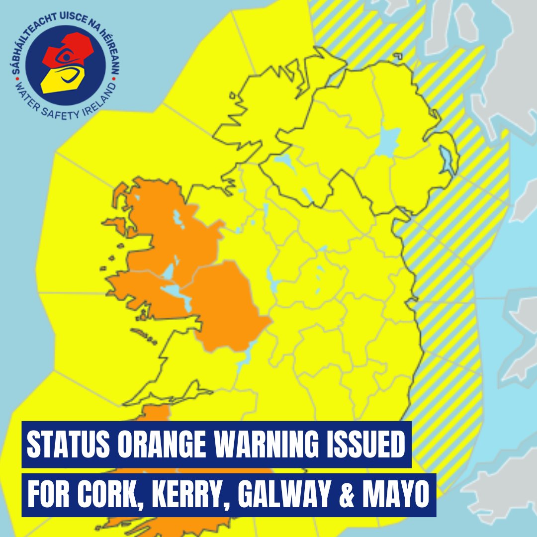 ⚠️Status Orange wind warning for Cork, Kerry, Galway, Mayo ⚠️ Storm Kathleen will bring gale force southerly gusts that can be extremely strong and destructive, especially in coastal or exposed areas.💨☔️ For more info👇 bit.ly/43KQ6Yu @meteireann #StormKathleen