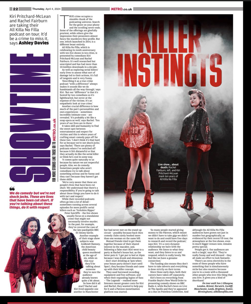 A podcast about serial killers that’s respectful and sensitive but also, authentic and funny as all hell. How? @kiripritchardmc and @RachelFairburn explain how @killnofillpod (currently on its 10th birthday tour) became such a hit. In today’s Metro.