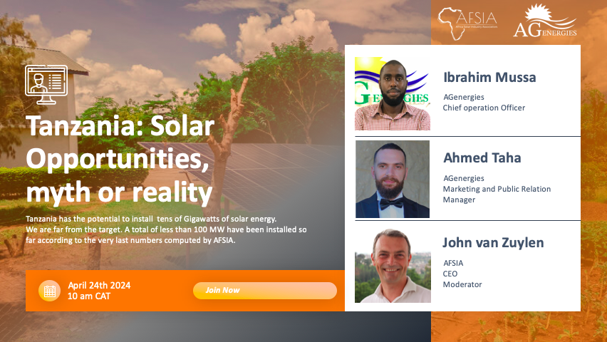 AFSIA Showcase Event! Explore the solar potential of Tanzania with @agenergiestz at the @AFSIA_Official Showcase event. Join Ahmad Taha and Ibrahim Mussa on April 24th, 2024, from 10:00 am to 10:30 am Register here: us02web.zoom.us/webinar/regist… #africasolar #solar #solarpower #SDG7