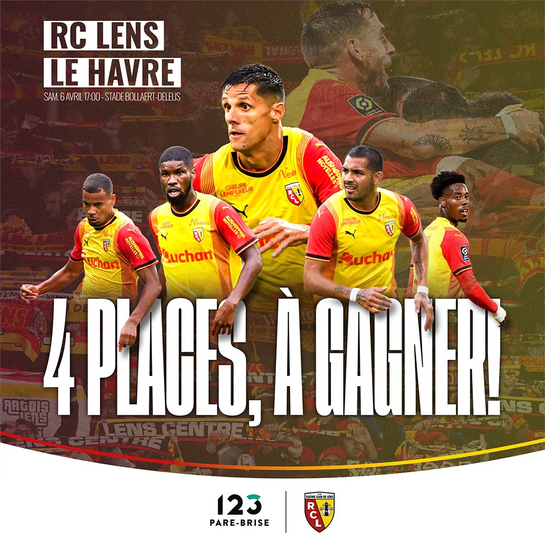 #Concours 2x2 places à gagner pour Lens/Le Havre ce samedi 🔥

Follow <a href="/123PareBrise/">123 Pare-Brise</a> 
Identifie 1 pote 
RT + FAV 

Tirage au sort demain à 12h. 
Bonne chance à tous ! 

#rclens #RCL #LeHavre #RCLHAC