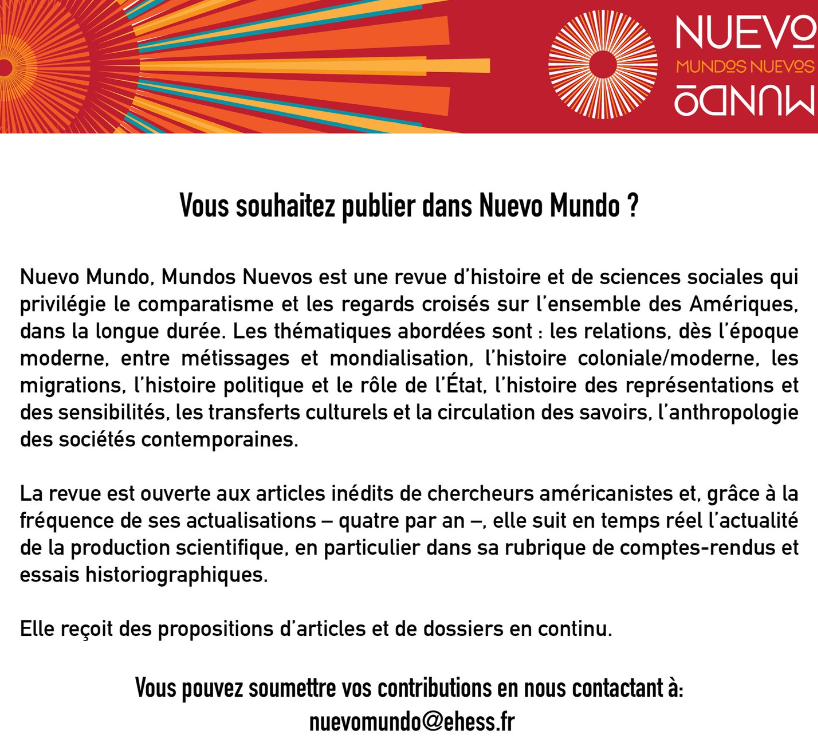 📢 Vous souhaitez publier dans Nuevo Mundo ? 📢 🌎journals.openedition.org/nuevomundo/
