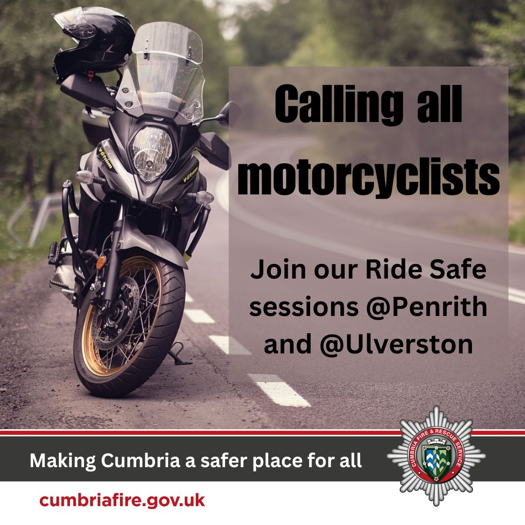 Pleased to announce a series of sessions to promote the safe use of motorcycles. - April 28 and May 19 @FirePenrith - May 12 and 30 @UlverstonBLH We're partnering with @RoSPA, @Cumbriapolice and @BeepDoctors for the sessions (10am to 4pm). Book at: cumbriafire.gov.uk/news/series-mo…