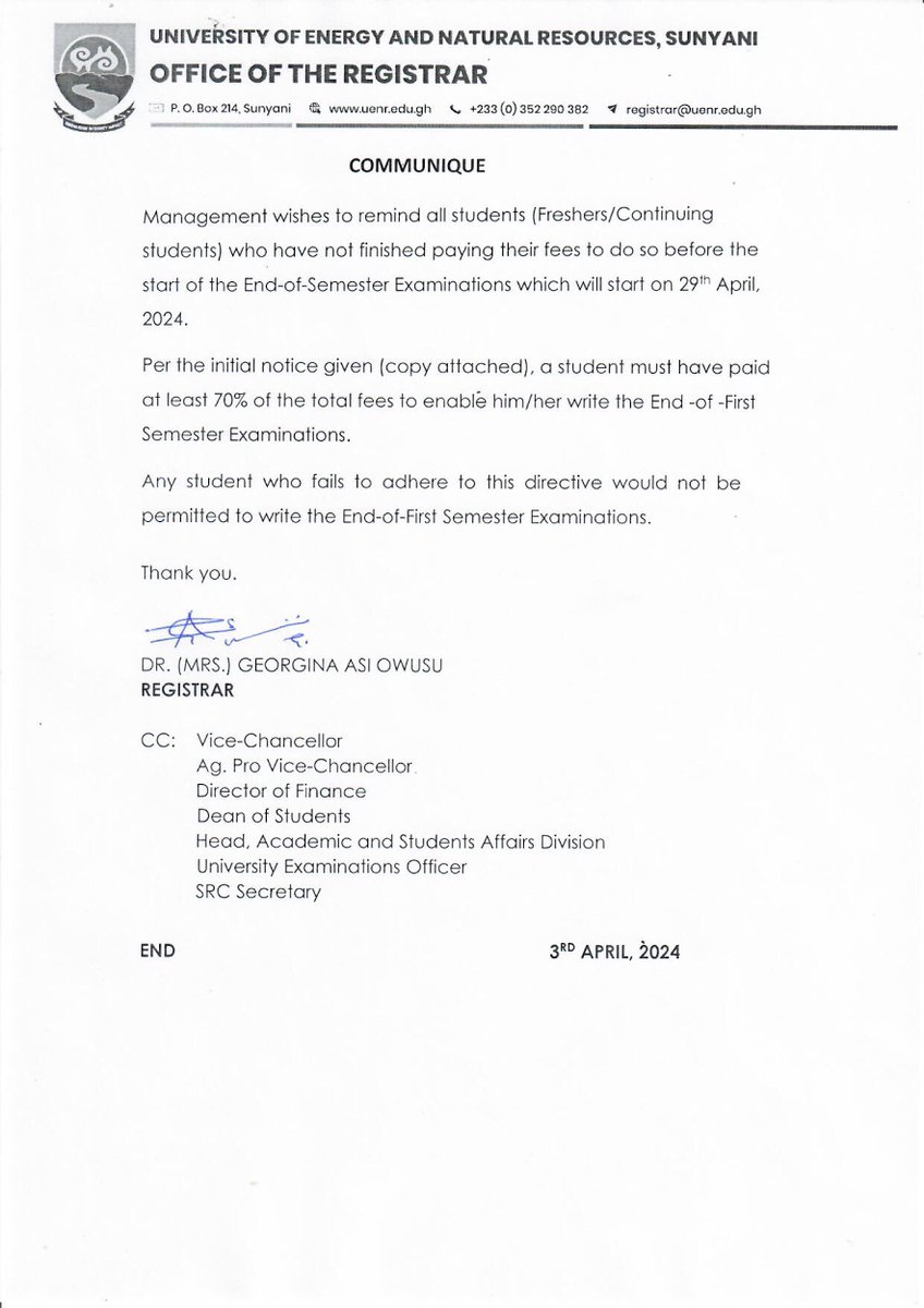VOICE_OF_UENR1's tweet photo. ❗️ATTENTION STUDENTS ❗️

The University Management reminds all Students who have not made at least 70% payment of fees to do so before 29th April, 2024 or would be not qualify to sit for the END of SEMESTER examinations 🌚👀 https://t.co/TfAQFLN4P6