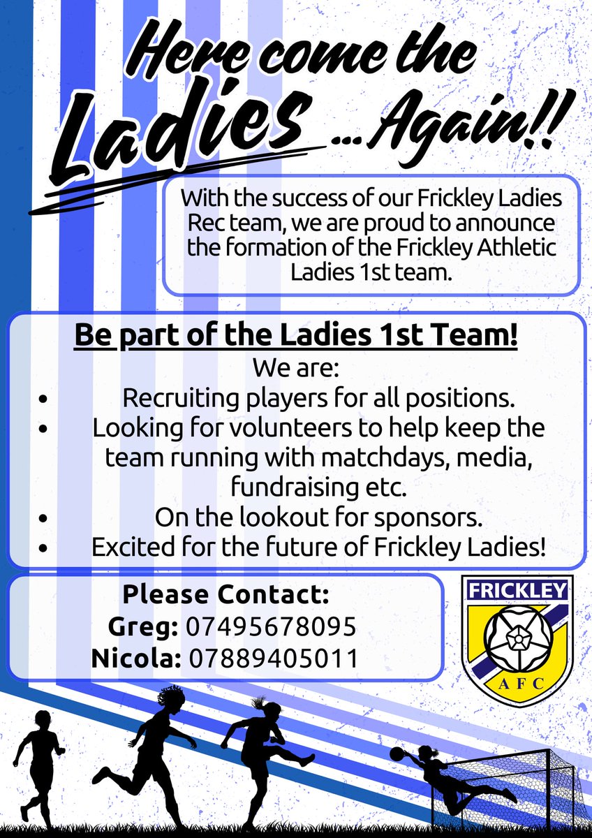 Frickley Atheltic Ladies FC have now formed. Weekly training ready for the 24 / 25 season. Anyone interested in playing, volunteering or sponsoring. Please get in touch ❤️