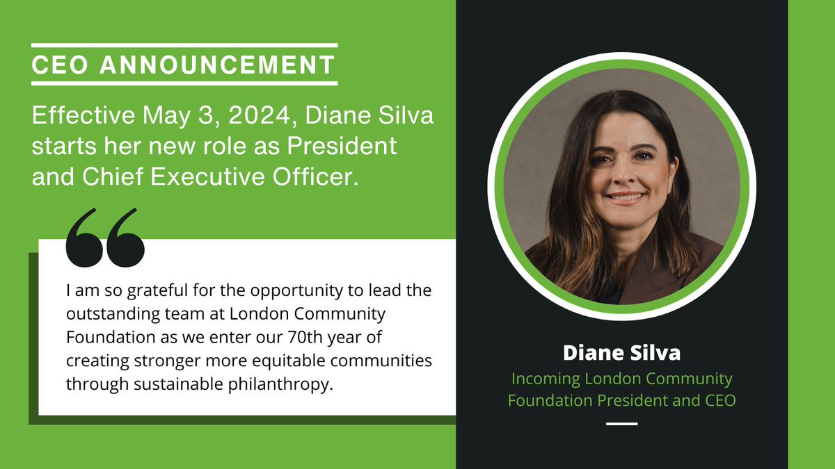 Following a Canada-wide search, London Community Foundation is pleased to share that Diane Silva has been appointed as the Foundation's new President and Chief Executive Officer, effective May 3, 2024. Congratulations, Diane. Read our full release at: loom.ly/DEP0HBs