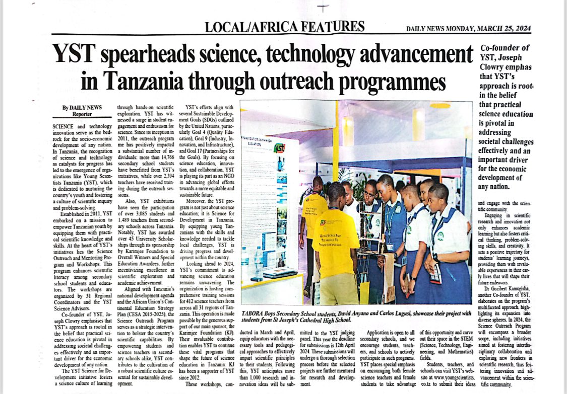 “YST spearhead science, technology advancement in Tanzania l…” Daily News Newspaper interview with YST Project Manager @nabiltz and YST CoFounders @GozibertK @JosephClowry