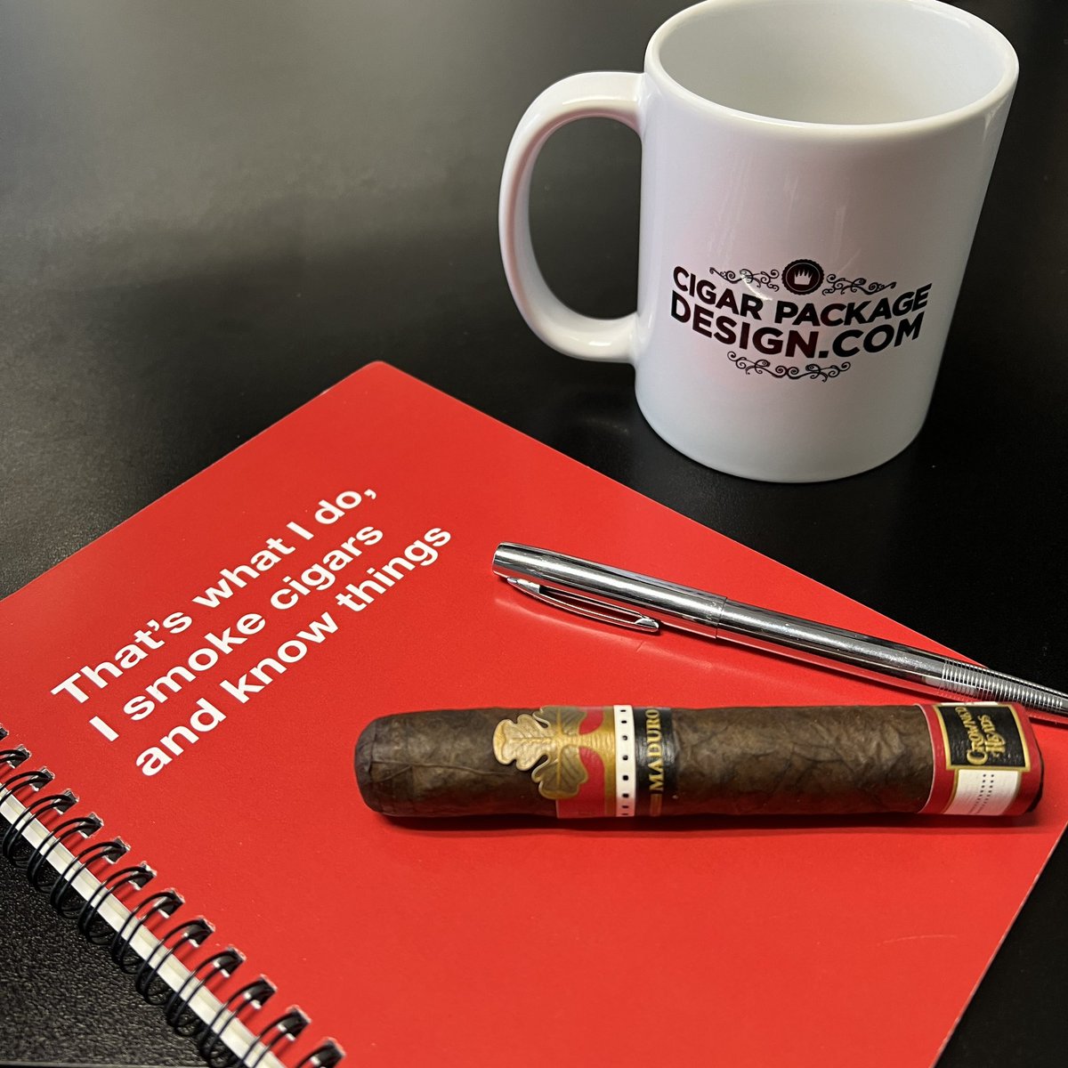 Today is gonna be a good day! On deck is the new #Coroneta #Maduro by our friends over <a href="/TheCrownedHeads/">Jon Huber</a> gifted to us by our brother <a href="/MigSch1980/">Miguel M. Schoedel</a> #pca24 #cigarpackagedesign #customnotebook #cihyanotebooks