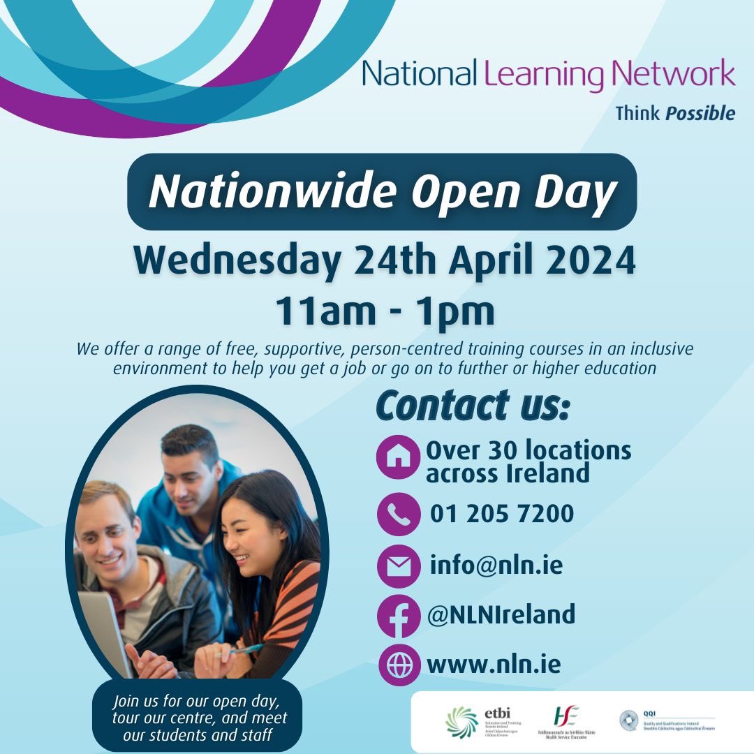 NLN National Open Day taking place on Wednesday, April 24th.
Join us at your local NLN centre!
#ThinkPossible #SupportedEducation #Courses #FreeTraining #FurtherEducation #Ireland 🇮🇪 #Inclusion #Support #SupportedTraining #MentalHealthSupport #Disability #Friendship #Skills