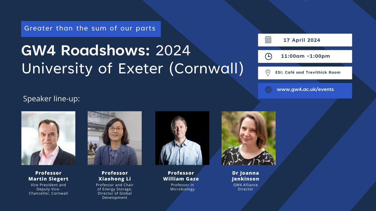 📣 Calling all @UniExeCornwall Staff & PGRs! Don't miss out on the #GW4Roadshow coming to Penryn Campus on April 17th! 🚀 Join an incredible line up of speakers and discover how our work, funding, and development opportunities can empower you. 🌟 ▶️ buff.ly/3IUTI0r