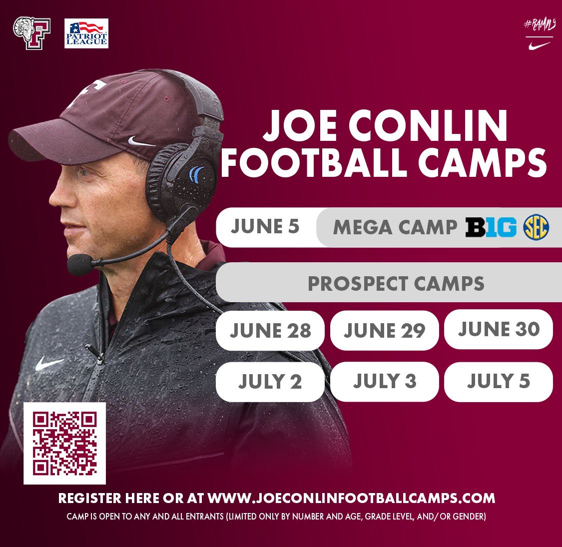 🚨Take a trip to NYC this summer to be evaluated by some of the best football programs in the country!🚨 Register now ↙️ joeconlinfootballcamps.com #RAMILY 🐏