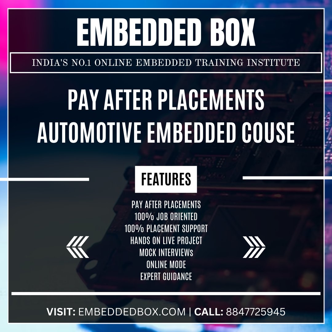 Embedded_Box's tweet image. Pay after Placements Automotive Embedded Systems Course at Embedded Box will Upskill you in your career and give it a kickstart. Get Training from India&apos;s No.1 Online Embedded Systems Training Institute.
.
#embedded #embeddedsystem #embeddedsystems #technology #tech #course