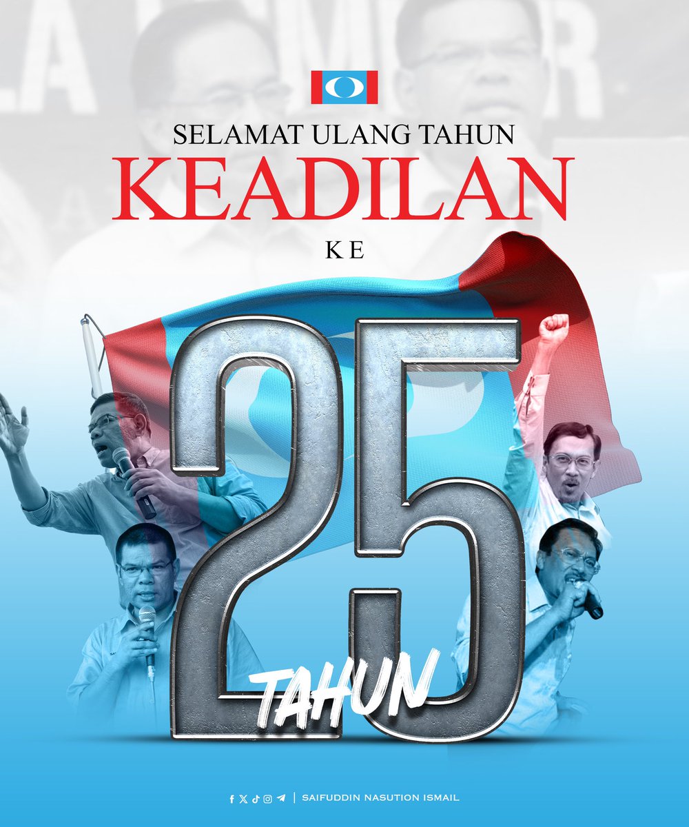 Selamat ulang tahun KEADILAN ke-25 kepada seluruh anggota dan pimpinan KEADILAN, genap usia jubli perak KEADILAN hari ini. Berteraskan Keadilan Untuk Semua dengan 18 matlamat perjuangan KEADILAN, ISLAH yang diikrarkan dahulu kini sedang diuji untuk diterjemahkan dengan