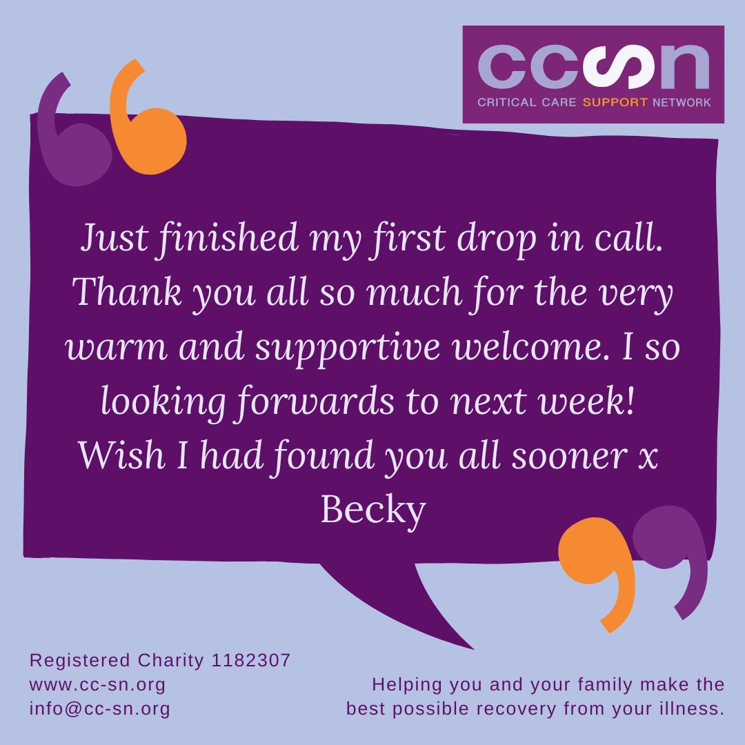 Our Weekly Drop-in is tonight @ 7.30pm on zoom Whatever your experience of Critical Care you're welcome to join us for a chat & a few laughs too Sometimes it helps just to know you're not alone Email info@cc-sn.org for more details #ICURecovery #ICUSupport