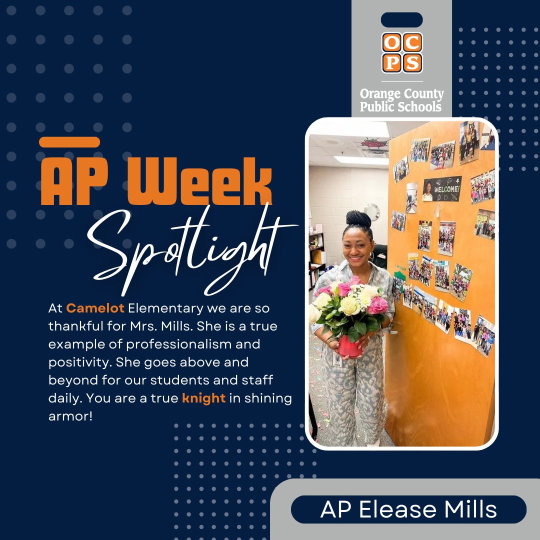 OCPS Professional Learning Department (@ocpspl) on Twitter photo Sending a special shoutout to Assistant Principal Elease Mills at Camelot Elementary! Your professionalism and positivity light up <a href="/CamelotES_OCPS/">CamelotES_OCPS</a> every day. Thank you for going above and beyond for students and staff! #APWeek24 Sending a special shoutout to Assistant Principal Elease Mills at Camelot Elementary! Your professionalism and positivity light up <a href="/CamelotES_OCPS/">CamelotES_OCPS</a> every day. Thank you for going above and beyond for students and staff! #APWeek24