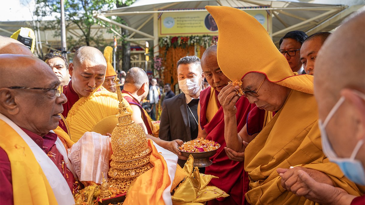 Offering of a relic of Buddha to His Holiness the Dalai Lama by Most Ven Dr Waskaduwe Mahindawansa Mahanayake Thero of the Raja Guru Shri Subuti Mahavihara Monastery of Sri Lanka, who is the custodian of the Kapilavastu relics, in Dharamsala, HP, India on April 4, 2024. Photo by