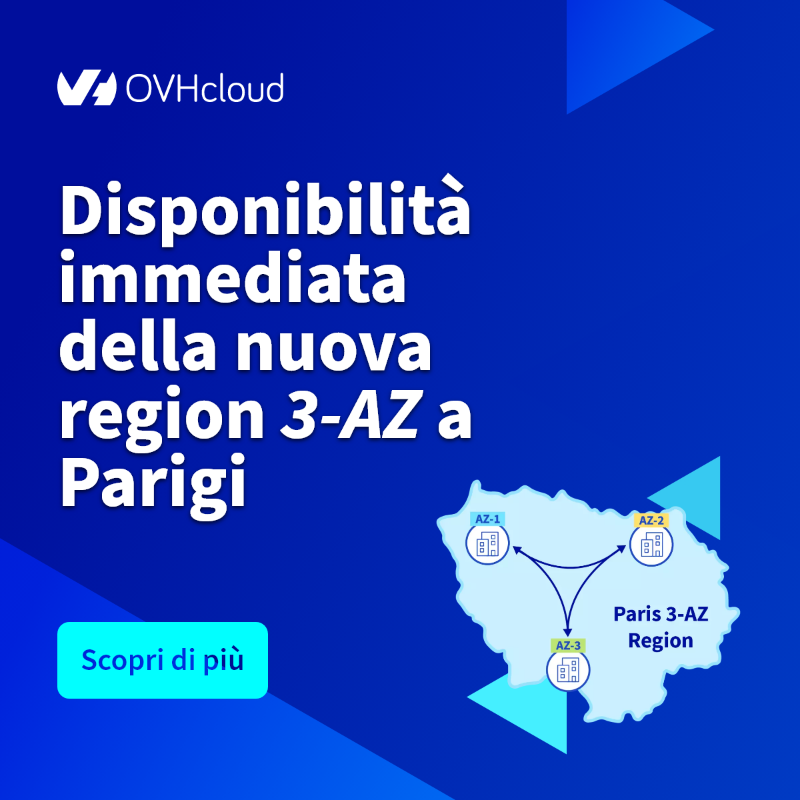 OVHcloud_IT's tweet photo. 🆕📰 Per ridurre la vulnerabilità e migliorare la disponibilità dei servizi, è importante considerarne il #deploy in un'infrastruttura con più zone di disponibilità (AZ o #AvailabilityZone). Ecco perché OVHcloud offre la #Region3AZ a Parigi. ⤵️