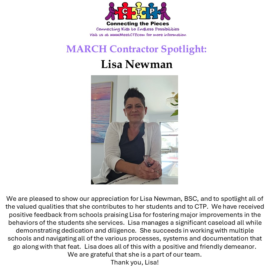 MeetCTP's tweet image. Congratulations to our Contractor Spotlight for March: Lisa Newman. Lisa is a quality BSC who provides excellent support and services to her students. We are grateful to have Lisa on the CTP team! Congrats! #spotlight #specialeducation #ABA #MeetCTP