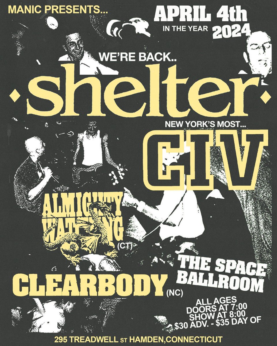 Today we’re playing with Shelter, Civ, and Almighty Watching at Space Ballroom in Hamden Connecticut. This will sell out at the door.