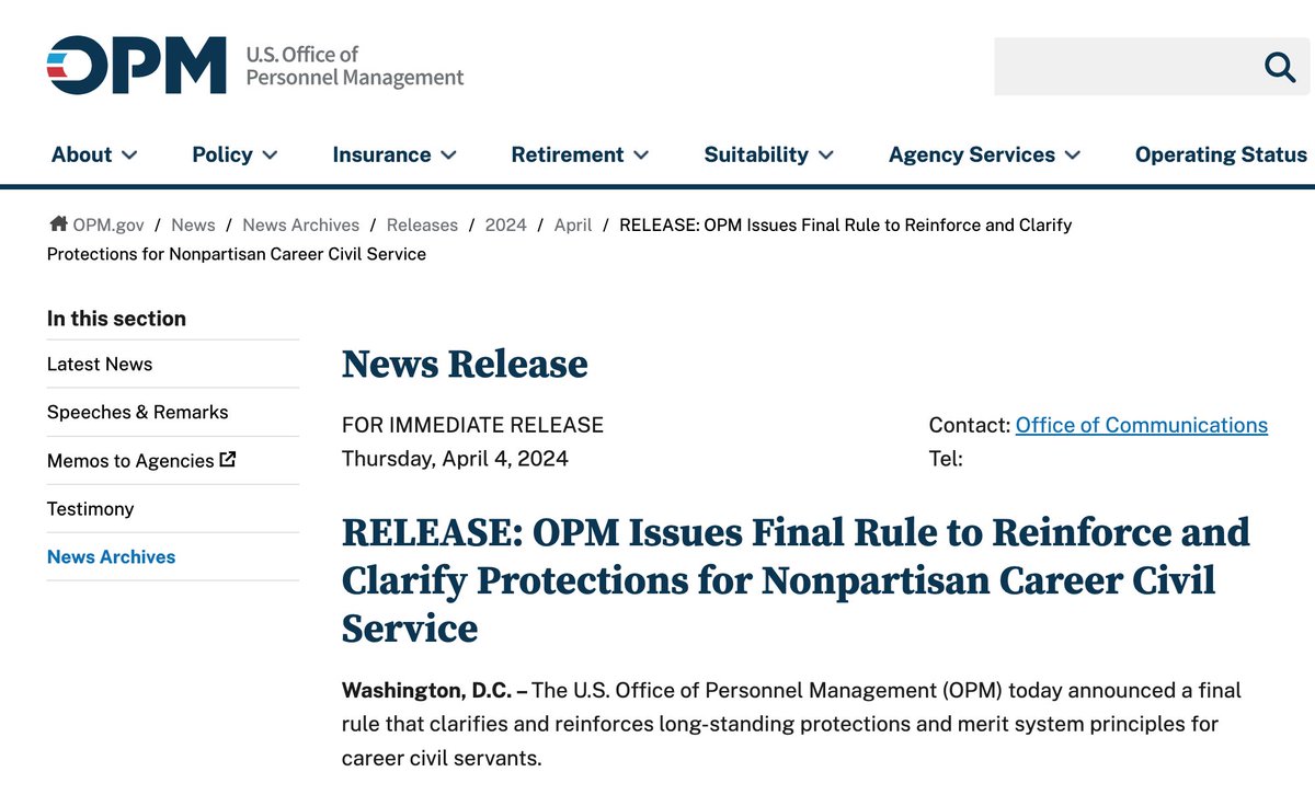 Civil service protections are crucial for maintaining the substantial expertise at federal agencies. Glad to see this final rule from the Biden admin to ensure career civil servants can't be moved involuntarily to a status where they lose protections. opm.gov/news/releases/…