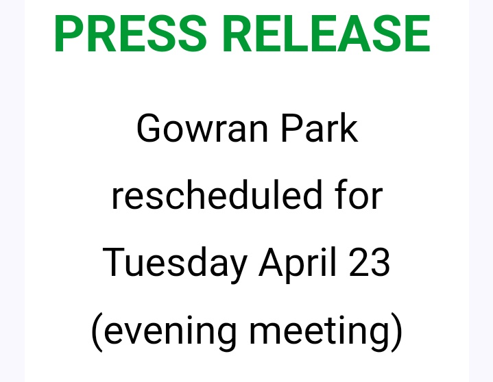 The @GowranPark1 meeting, scheduled for Wednesday April 3rd will now take place on Tuesday April 23rd (evening meeting). #HorseRacing #GowranPark