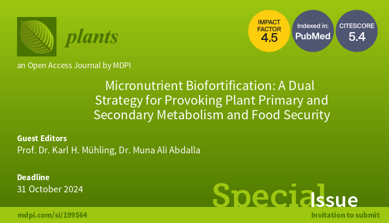 📢 #plants_mdpi Special Issue 'Micronutrient Biofortification: A Dual Strategy for Provoking Plant Primary and Secondary Metabolism and Food Security' is now open for submissions! 👉 You can find more information at: mdpi.com/journal/plants… #callforpapers #callforsubmissions