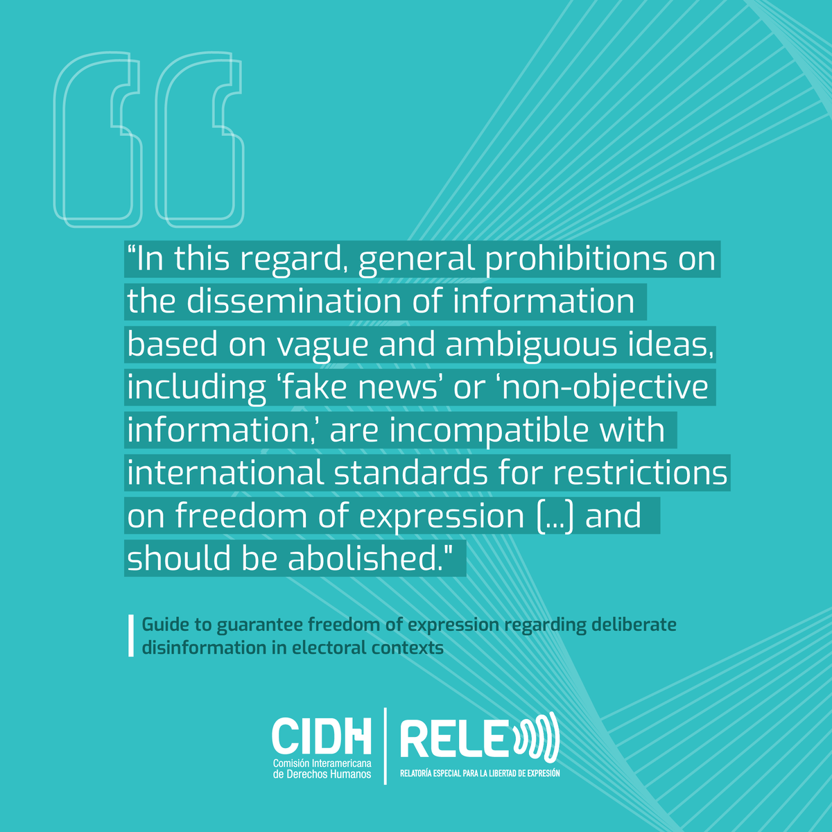 Restricting information under vague and ambiguous labels, such as 'fake news' or 'non-objective information,' is incompatible with international standards on #FreedomOfExpression. #RELECIDH oas.org/en/iachr/expre…