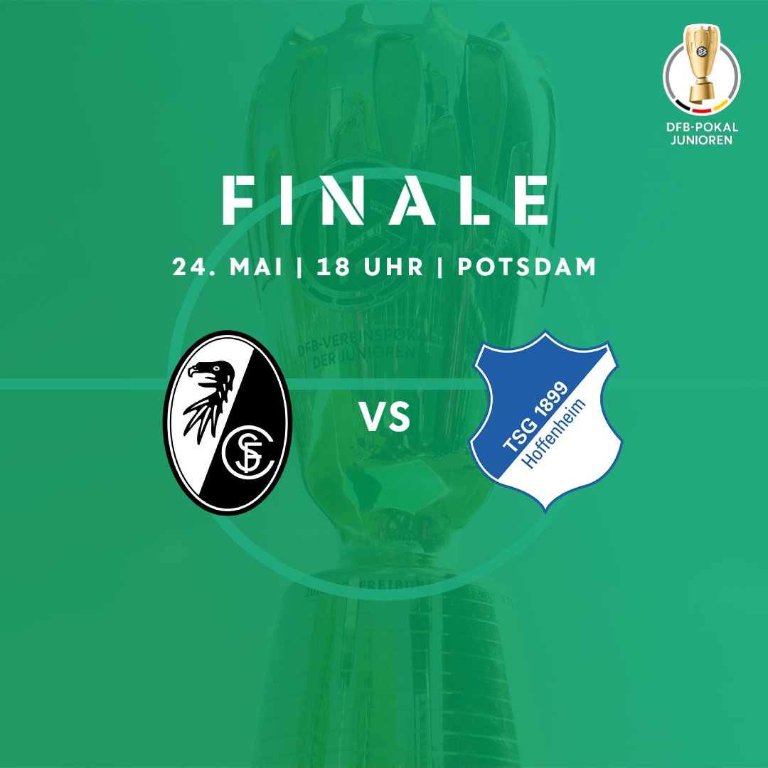 Jetzt Tickets fürs Pokalfinale der Junioren sichern ❗🏆 Am 24. Mai spielen der SC Freiburg und die TSG Hoffenheim ab 18 Uhr in Potsdam um den Titel 💥 🎟️ Tickets gibt's ab 5️⃣ Euro: dfb.social/8fq Alle Infos zum Finale: dfb.social/8fr #juniorenpokal 📸 IMAGO