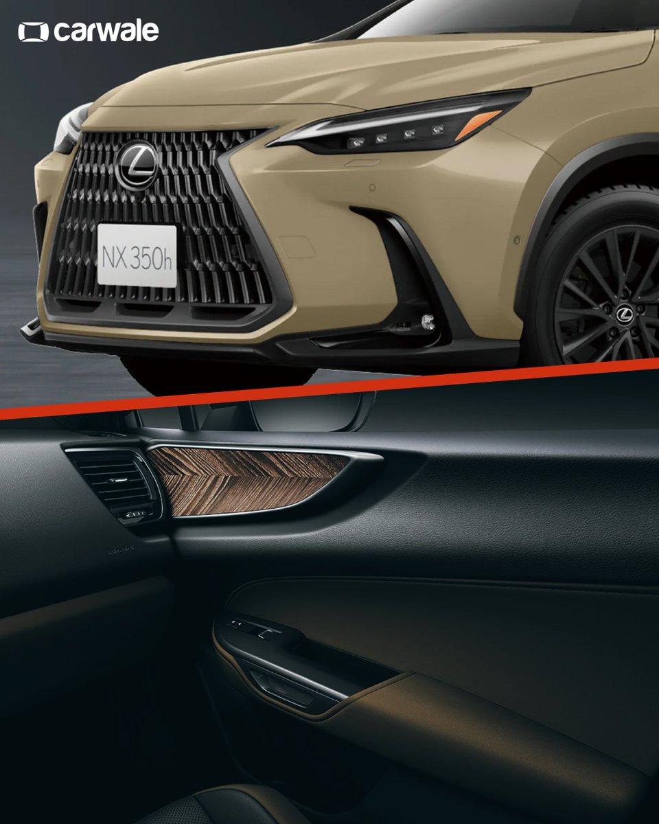 CarWale's tweet image. The #LexusNX350h gets a new #OvertrailEdition!

-Blacked out grille, ORVM caps, roof rails, and door handles
-Moon Desert exterior shade
-Monolith palette with Geo Layer door trims
-Powered by 2.5-litre petrol-hybrid engine
-Adaptive variable suspension

#CWLaunch