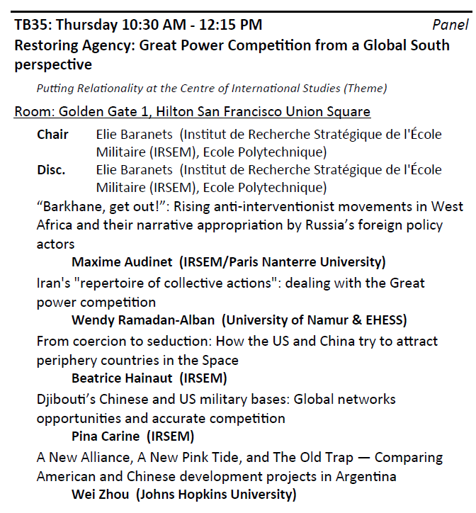 Dear #ISA2024 participants, you're very welcome to our 'team @IRSEM1' panel devoted to agency and great power competition from a 'Global South' perspective! I'll present my ongoing research on Russia's anti(neo)colonial strategic narrative and foreign policy in West Africa.