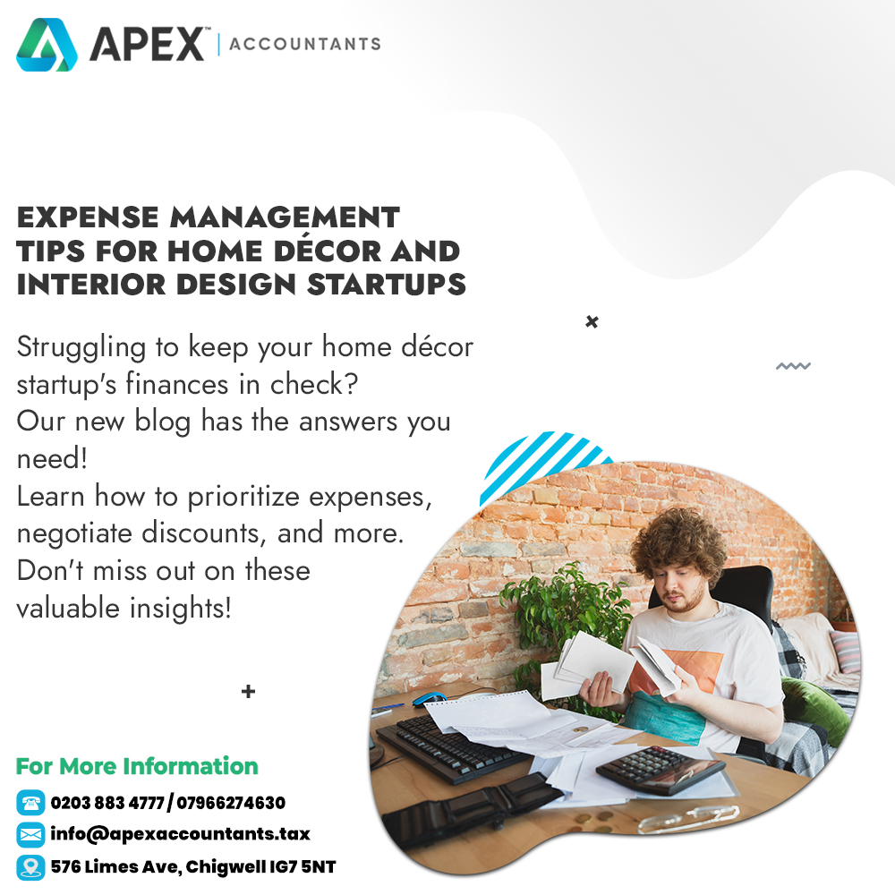 ApexAccountant1's tweet image. Expense Management Tips for Home Décor and Interior Design Startups
Struggling to keep your home décor startup's finances in check?😫
#Apexaccountantstaxadvisers #StartupFinance #ExpenseControl #SmallBiz #DecorCostSavers #InteriorBudgeting