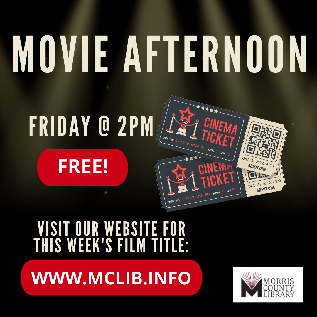 Friday Movie Afternoon is almost here!
Fri., April 5th @ 2:00 p.m.  Click here to see this week's title:

ow.ly/VTJg50R82yl
.
.
#FridayMovieAfternoon #FreeMovie #MorrisCountyLibrary #MCL #MorrisCounty #MorrisCountyNJ