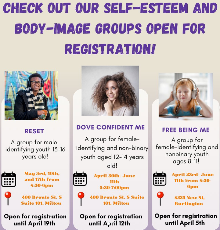 Check out these groups centered around enhancing self-esteem & body image. Topics include fostering self-compassion, embracing body acceptance, & understanding media influence. To learn more about joining one of these groups, please reach out to ROCK’s ASN line at 289-266-0036.