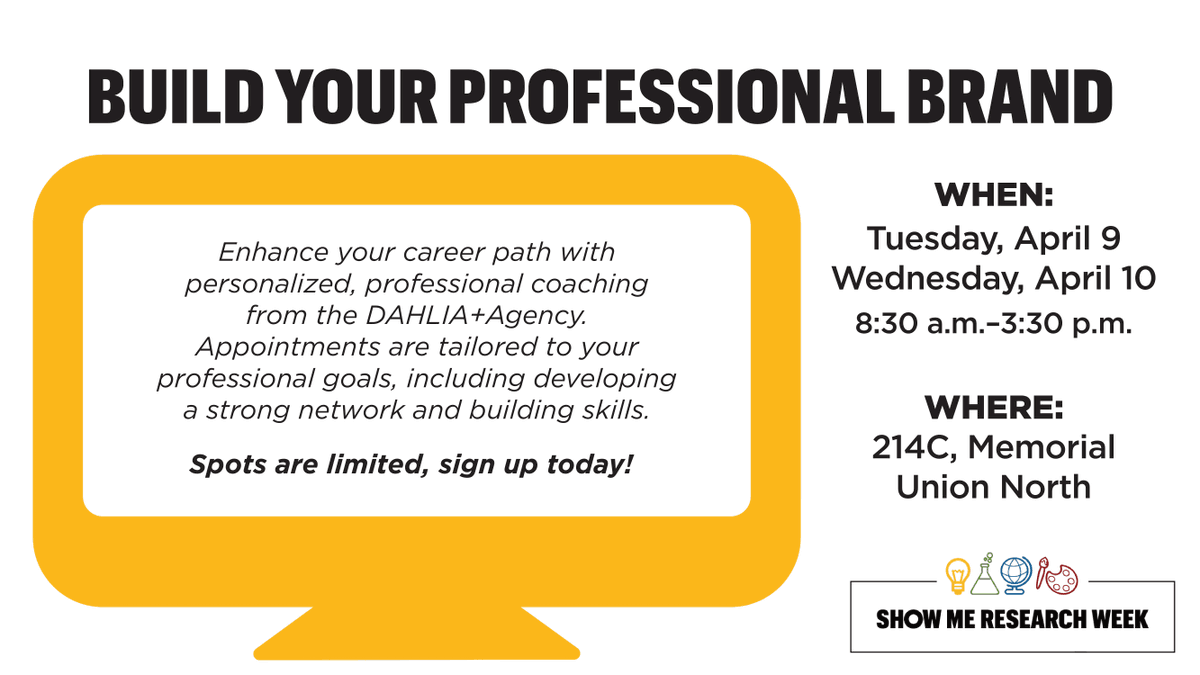Build your professional brand and skills with expert coaching from the @DahliaElGazzar during @Mizzou #ShowMeResearch! These 25-minute appointments will take place April 9 and April 10 from 8:30 a.m.-3:30 p.m. in 214C, Memorial Union North. Sign up today: signupgenius.com/go/10C0B4FAEAE…