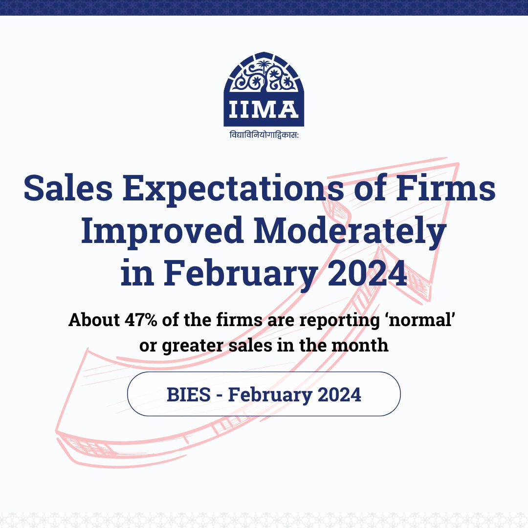 #BIES for Feb 2024 by Prof Abhiman Das of @IIMA_Economics reveals that the average inflation expectation of the firms for the past 12 months has been around 4.3%, indicating that their inflation expectations have remained steadily anchored. More: tinyurl.com/bdfsrjbk #IIMABIES