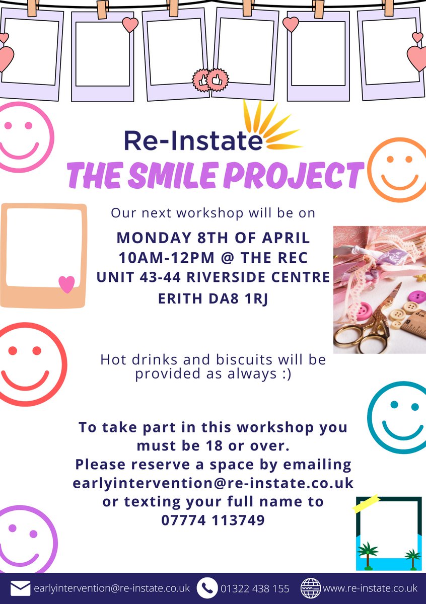 Hey Smilers! 😄 Do you enjoy arts and crafts? Join us for our next Smile Workshop on Monday the 8th April! 😊 This will be held between 10am and 12pm at Re-Instate, Unit 43-44 Riverside Shopping Centre, Erith DA8 1RJ 💛 Please book your place by contacting 07774 113749❣️