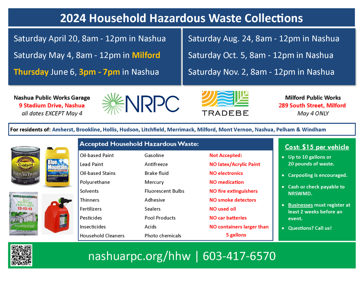 The first annual regional Household Hazardous Waste event is coming soon! April 20 at 9 Stadium Drive in Nashua, 8 a.m. to noon. $15 per car. See you there.
