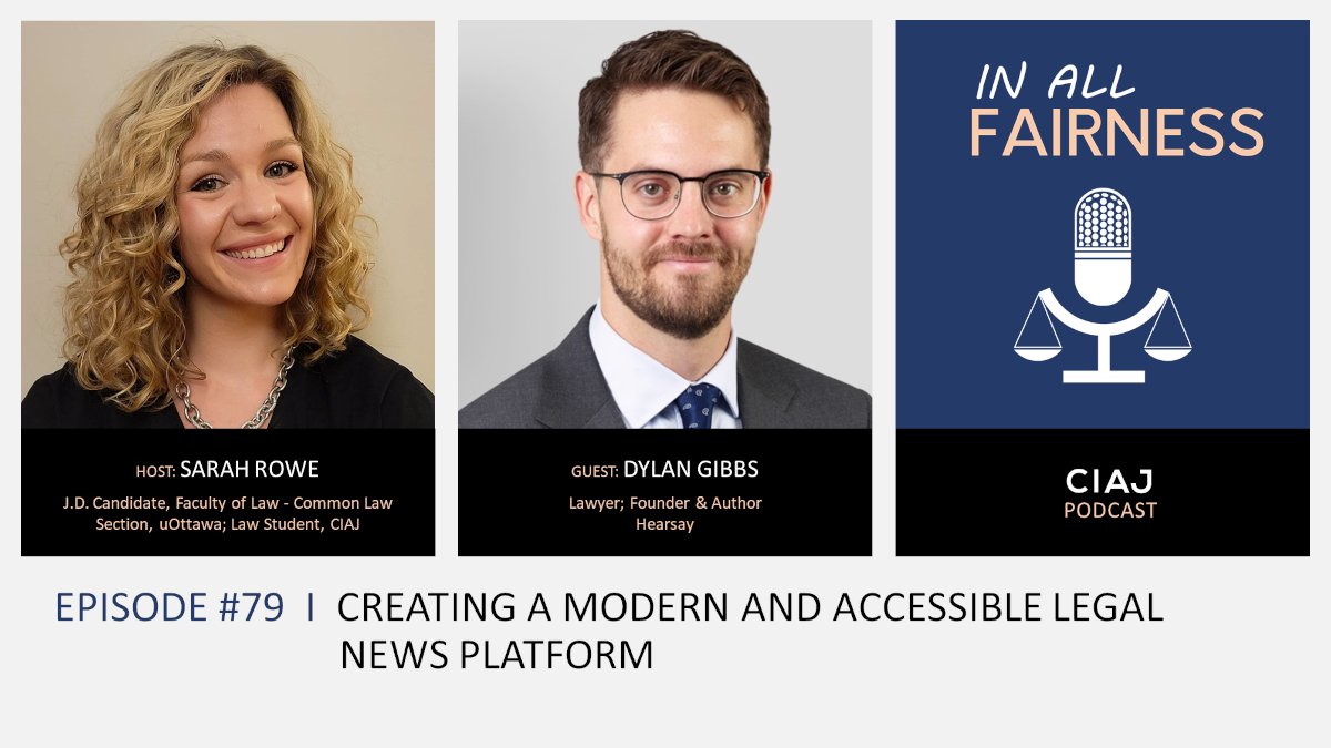 🎧 [Podcast] CIAJ's host Sarah Rowe is welcoming lawyer Dylan Gibbs (@DylanJGibbs), Founder & Author of @HearsayDaily, a plain language email newsletter aiming to keep Canadian lawyers informed of key decisions and topical legal news #InAllFairness 👉🏾 ciaj-icaj.ca/en/podcasts/cr…