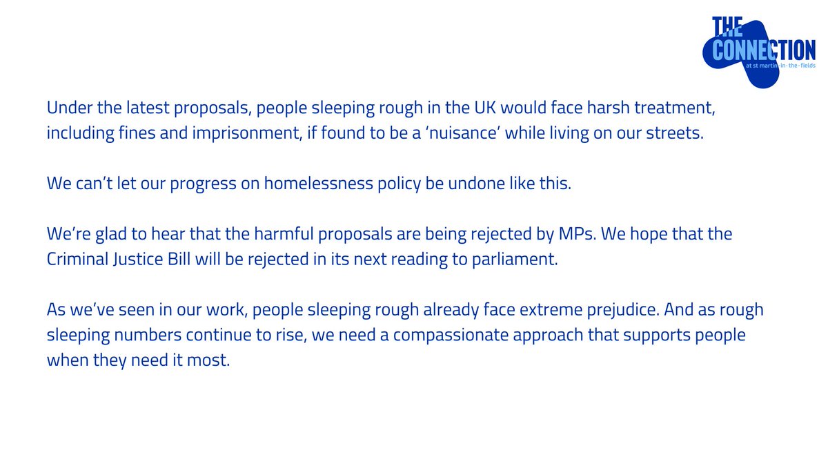 “As rough sleeping numbers continue to rise, we need a compassionate approach that supports people when they need it most.” Read our statement on the Criminal Justice Bill below #TheConnection #EndingHomelessness #CriminalJusticeBill