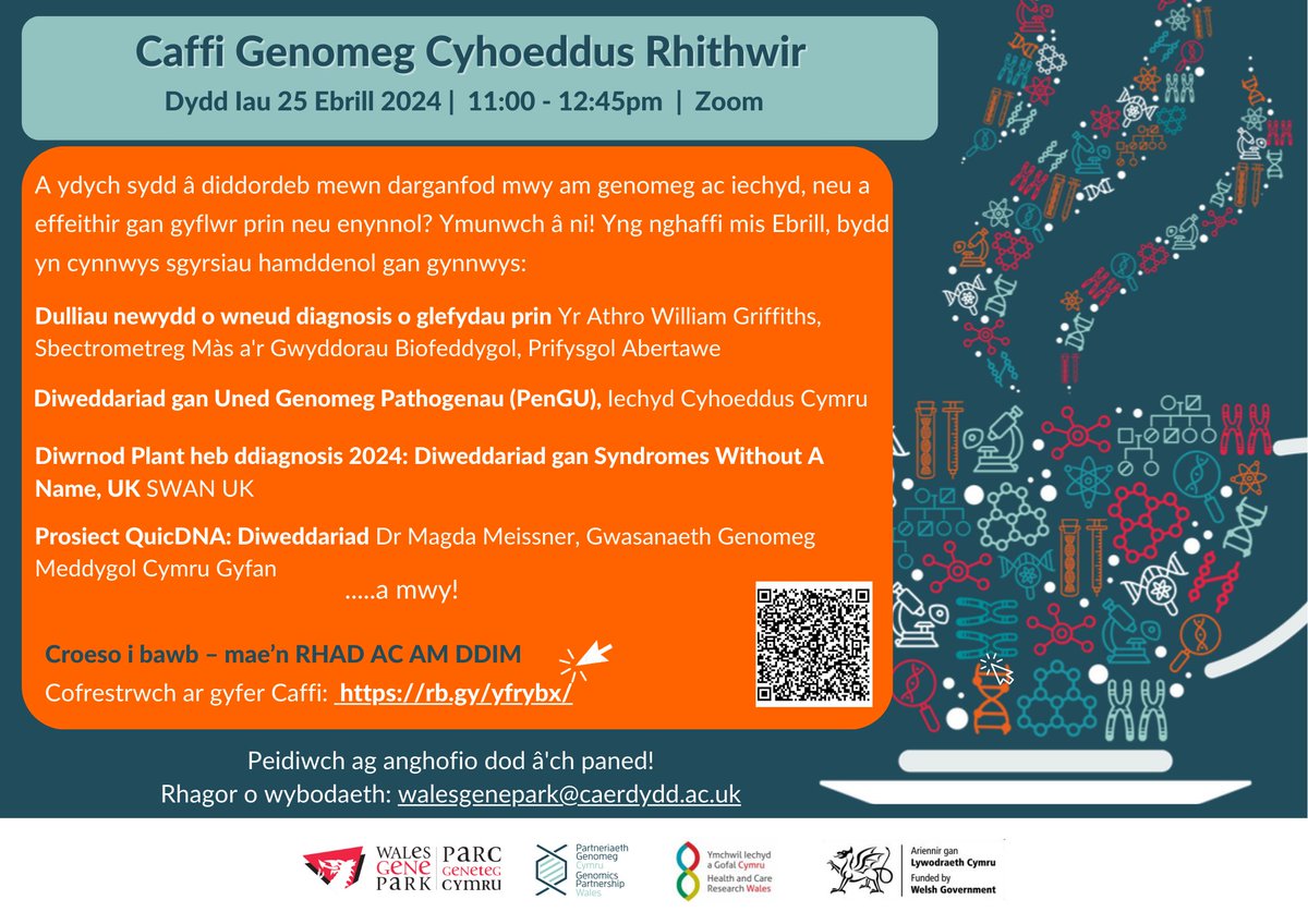 Hoffech chi ddysgu mwy am sut mae genomeg yn effeithio ar wahanol feysydd gofal iechyd? Ymunwch â @WalesGenePark ar gyfer eu caffi rhithwir #genomeg nesaf! Dydd Iau 25 Ebrill @ 11am Ymunwch AM DDIM yma: rb.gy/yfrybx/