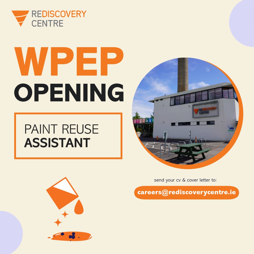 The #RediscoveryCentre has an opening for a #PaintReuse Assistant under the Work Placement Experience Programme #WPEP ! Learn more about the role: ow.ly/Z34w50R89Ag #jobfairy #greenjobs #wpep #paintreuseirl #training #communityemployment #workexperience #ballymun