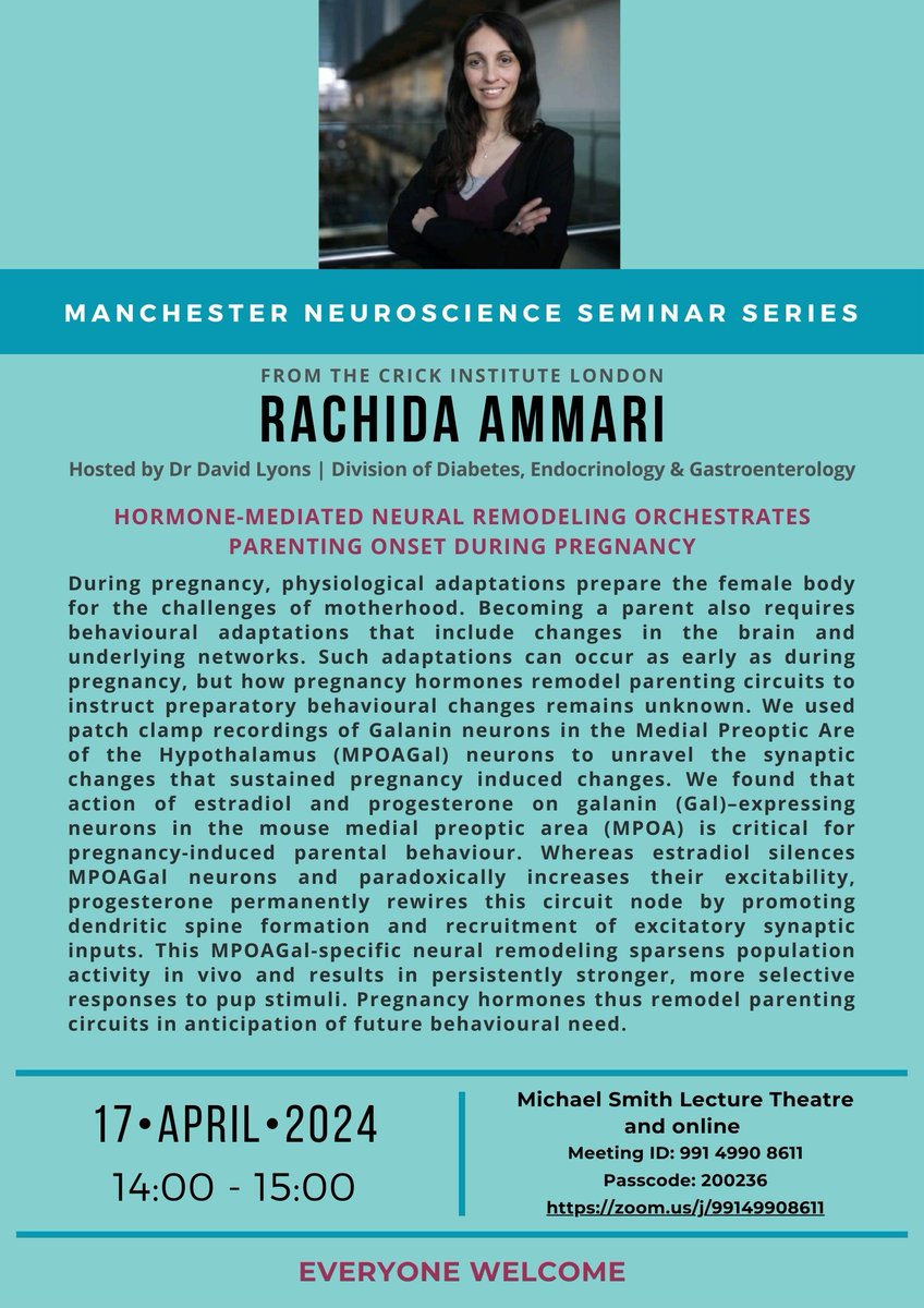 The next talk in our seminar series is on Weds 17th April at 2pm, presented by @Ammari_Rachida from @thecrick, hosted by Dr David Lyons. Further details on poster - all welcome! 🧠 #neuroscienceseminar #manchesterneuroscience