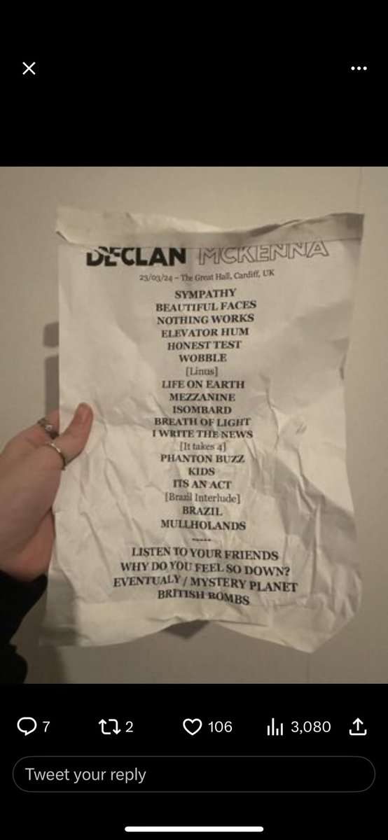hol5161's tweet photo. @DeclanMcKenna i have seen 3 different set lists so far and i am on edge, i need to know which songs to force my friends to learn for the bournemouth show. queen rapture and ybb are great but it's an act and eventually darling are equally great aaaaah https://t.co/9Am9Zl2QRx