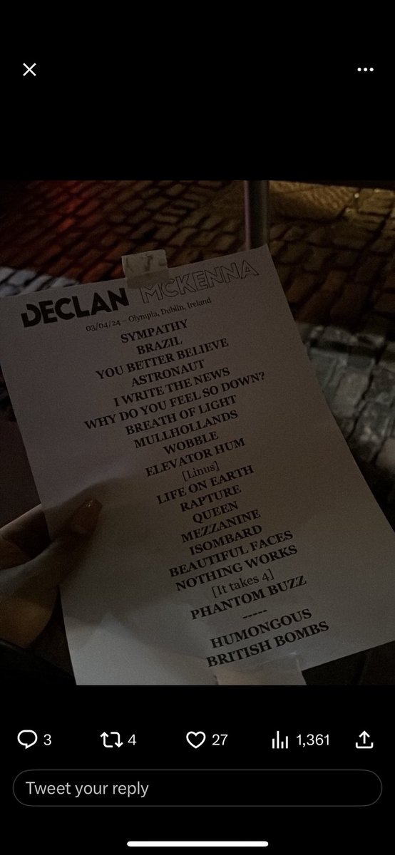hol5161's tweet photo. @DeclanMcKenna i have seen 3 different set lists so far and i am on edge, i need to know which songs to force my friends to learn for the bournemouth show. queen rapture and ybb are great but it's an act and eventually darling are equally great aaaaah https://t.co/9Am9Zl2QRx