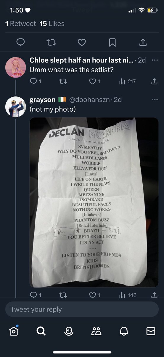 hol5161's tweet photo. @DeclanMcKenna i have seen 3 different set lists so far and i am on edge, i need to know which songs to force my friends to learn for the bournemouth show. queen rapture and ybb are great but it's an act and eventually darling are equally great aaaaah https://t.co/9Am9Zl2QRx
