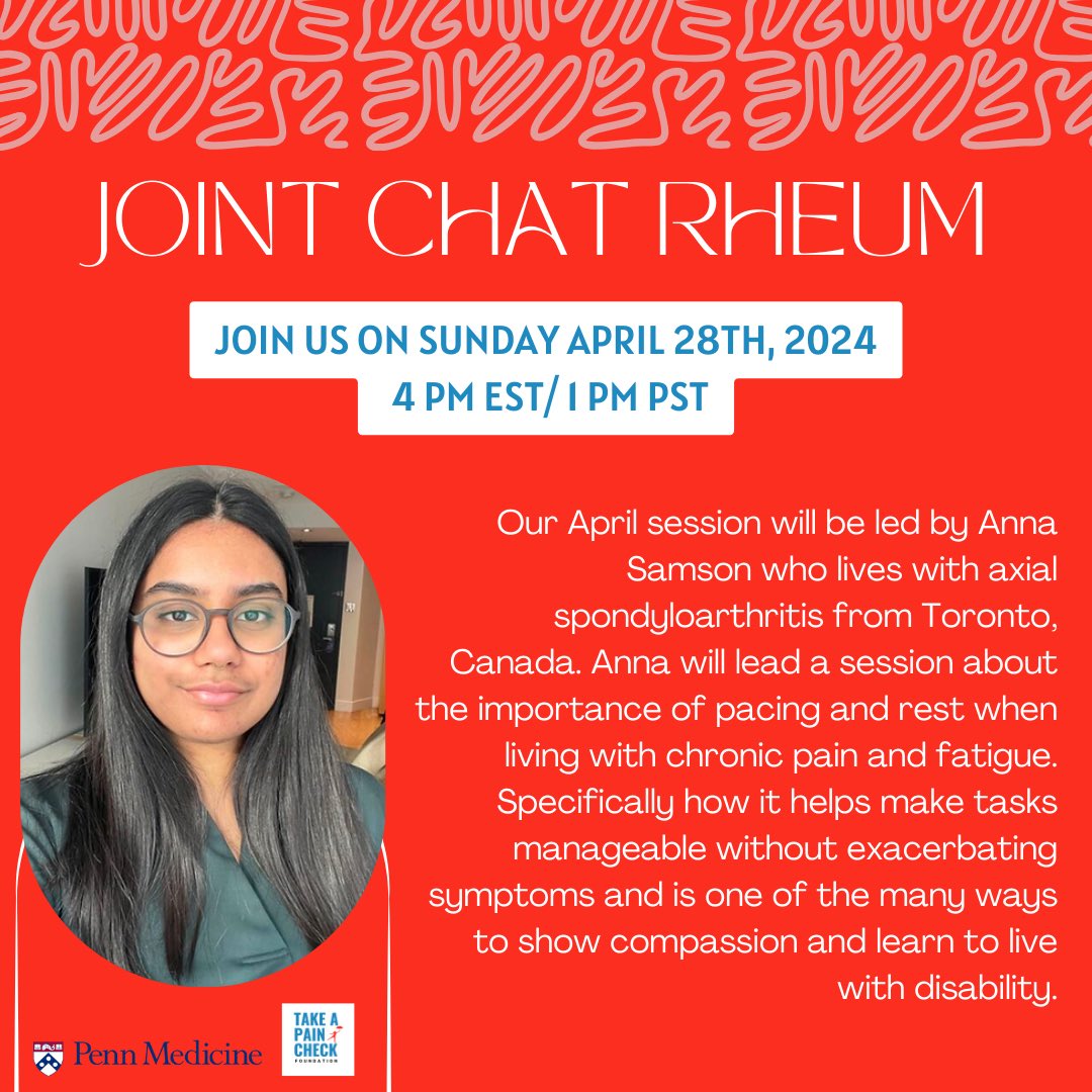 REMINDER! Join our upcoming Joint Chat Rheum on April 28th, 2024, at 4 PM EST or 1 PM PST! Anna Samson will lead this month’s topic, which will be about the importance of pacing and rest when living with chronic pain and fatigue. #JointChatRheum #Chronicillness #Rheumaticdisease
