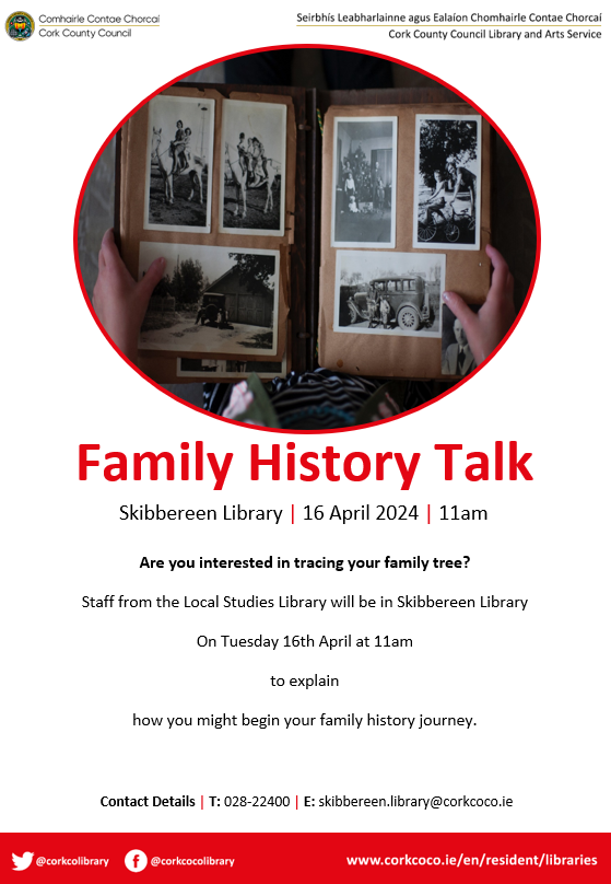 Are you interested in tracing your family tree? Staff from our Local Studies Library will explain how you might begin your journey! Join us in #SkibbereenLibrary for a free Family History talk on Tuesday 16thApril at 11am! @SkibbereenIRL @skibbheritage @SkibbHistory